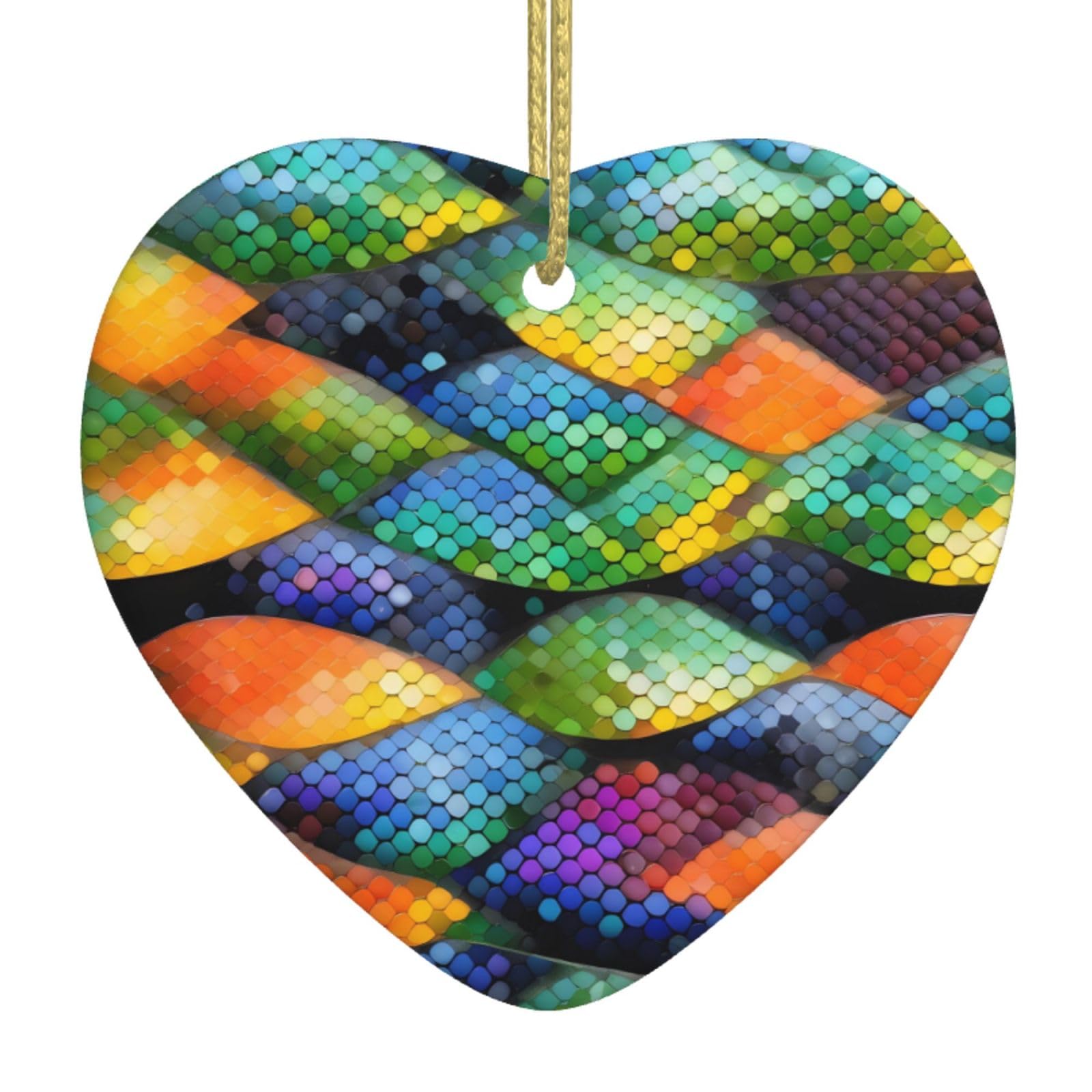 Rainbow Fish Scale Ceramic Christmas Heart Pendant with Silk Thread, Christmas Tree Home Decoration