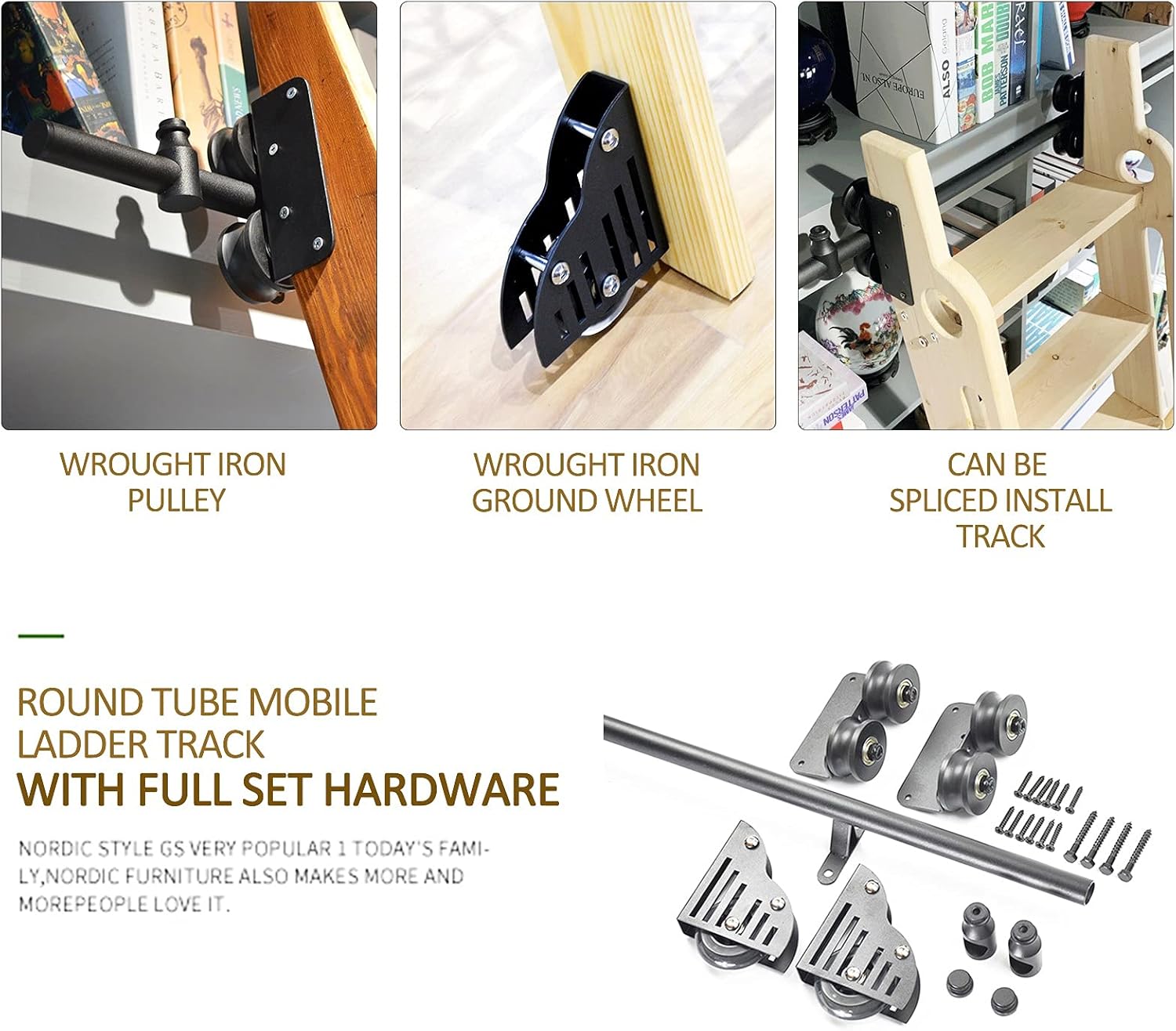 Home Library Ladder Track Kit, with Floor Roller Wheels (No Ladder) and Round Tube Extention Rail Sliding Barn Door Full Set Hardwar for Loft/Indoor/Bookstor (Size : 16ft/500cm)