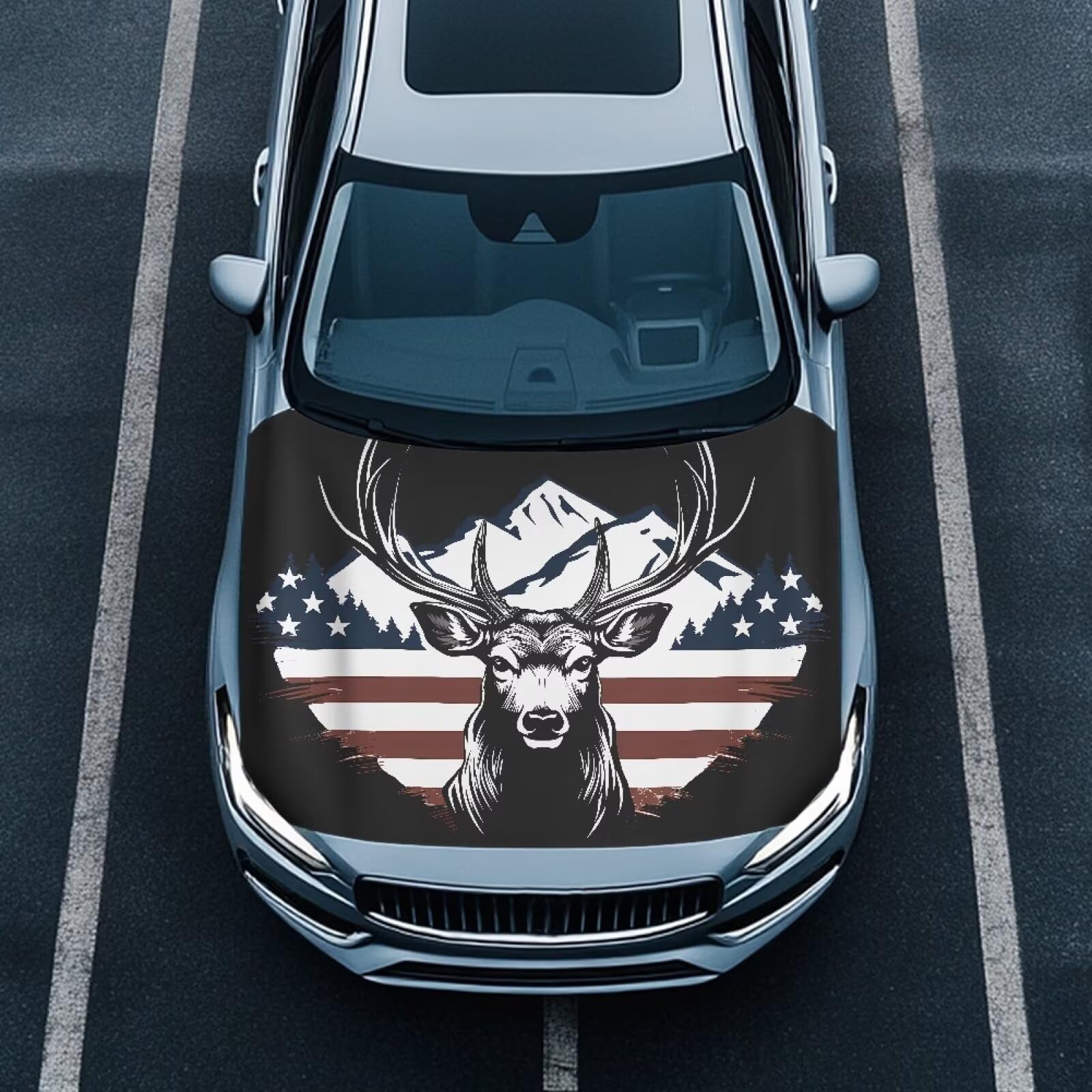 Deer American Flag Car Hood Cover Polyester Elastic Fabrics Can be Washed Car Hood Cover Flag Suitable for Auto Car Truck, Van, SUV, Pickup