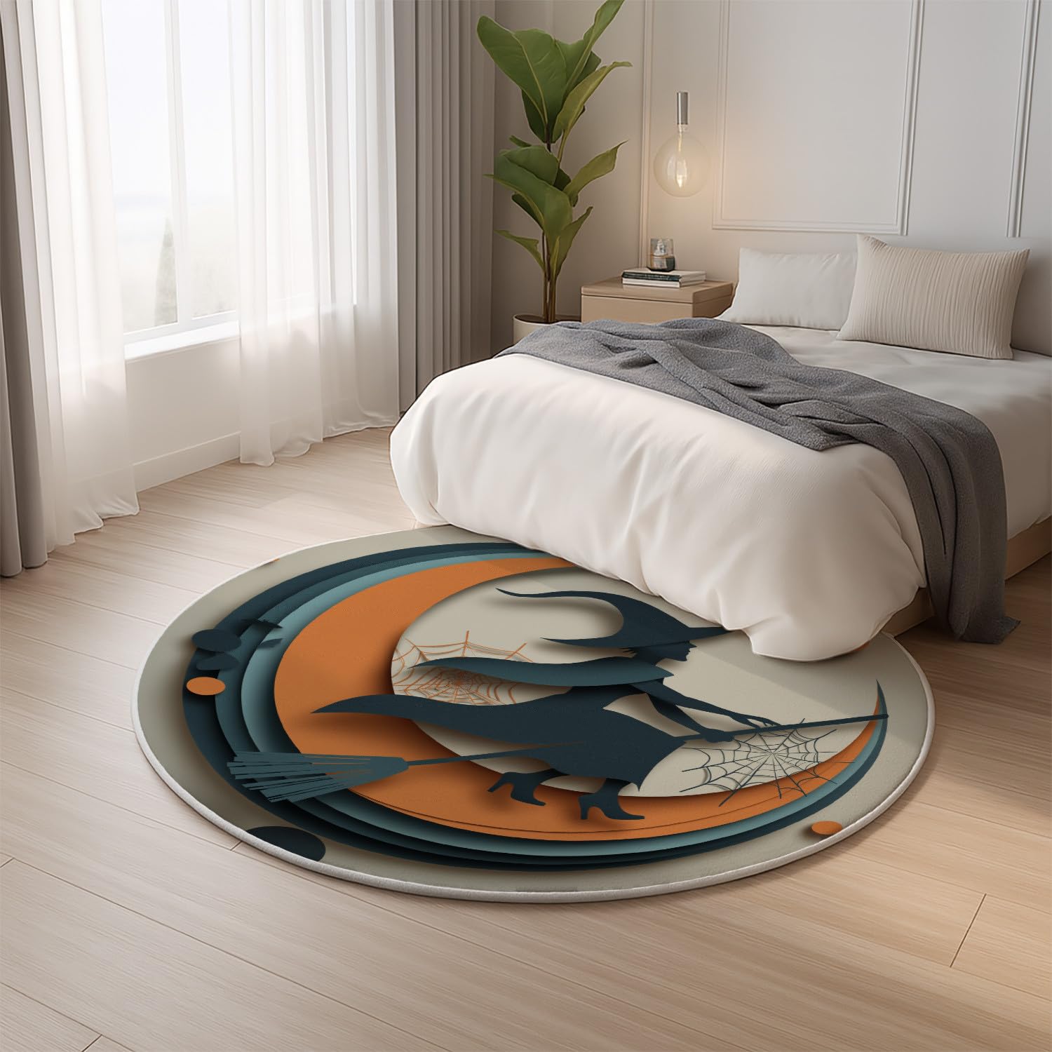 Générique Tapis Rond 100 cm Diamètre Table Basse Coloré, Art du Papier Découpé Sorcière Lune Toile Moelleux Tapis à Poils Courts pour Entrée