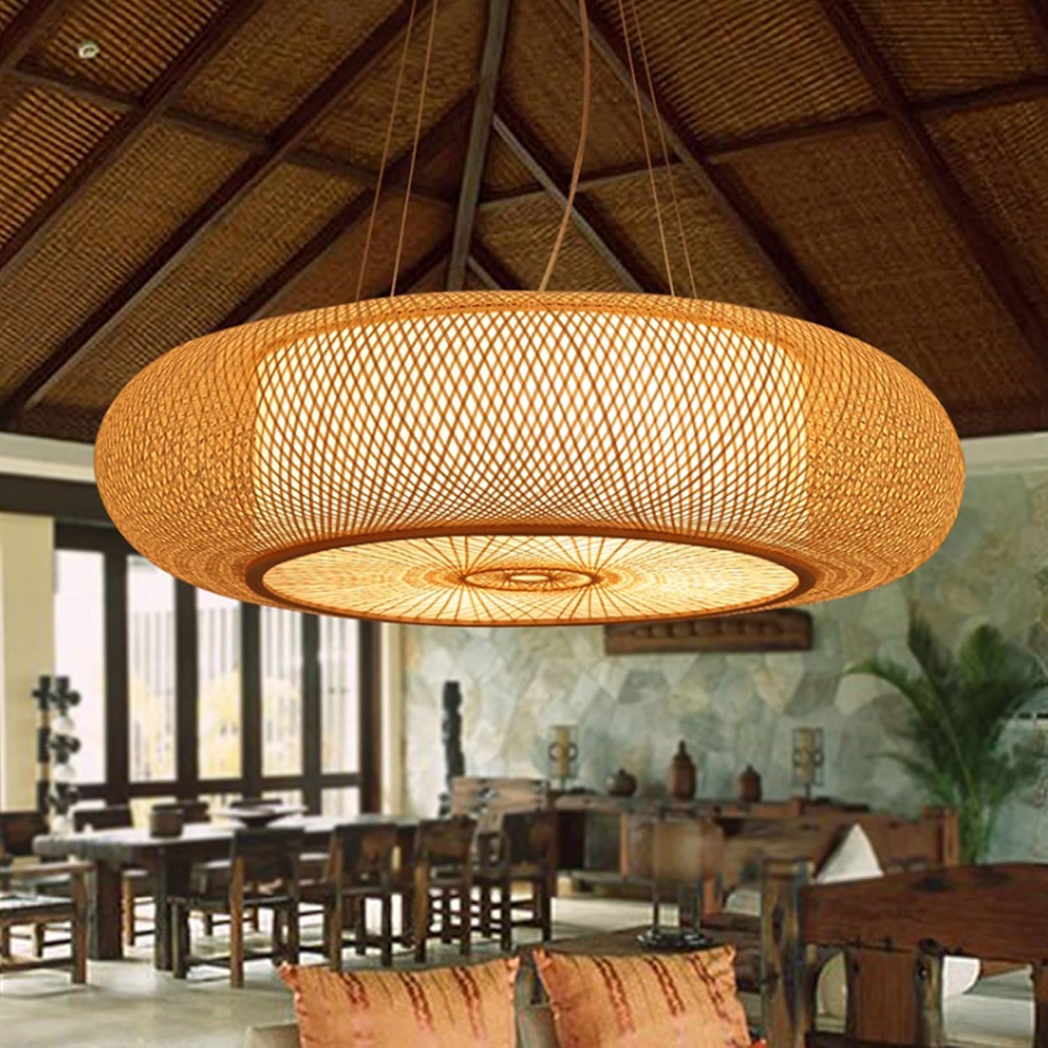 Lampe suspendue rotin tressé main E27 | Lustre vintage en bambou naturel 60cm