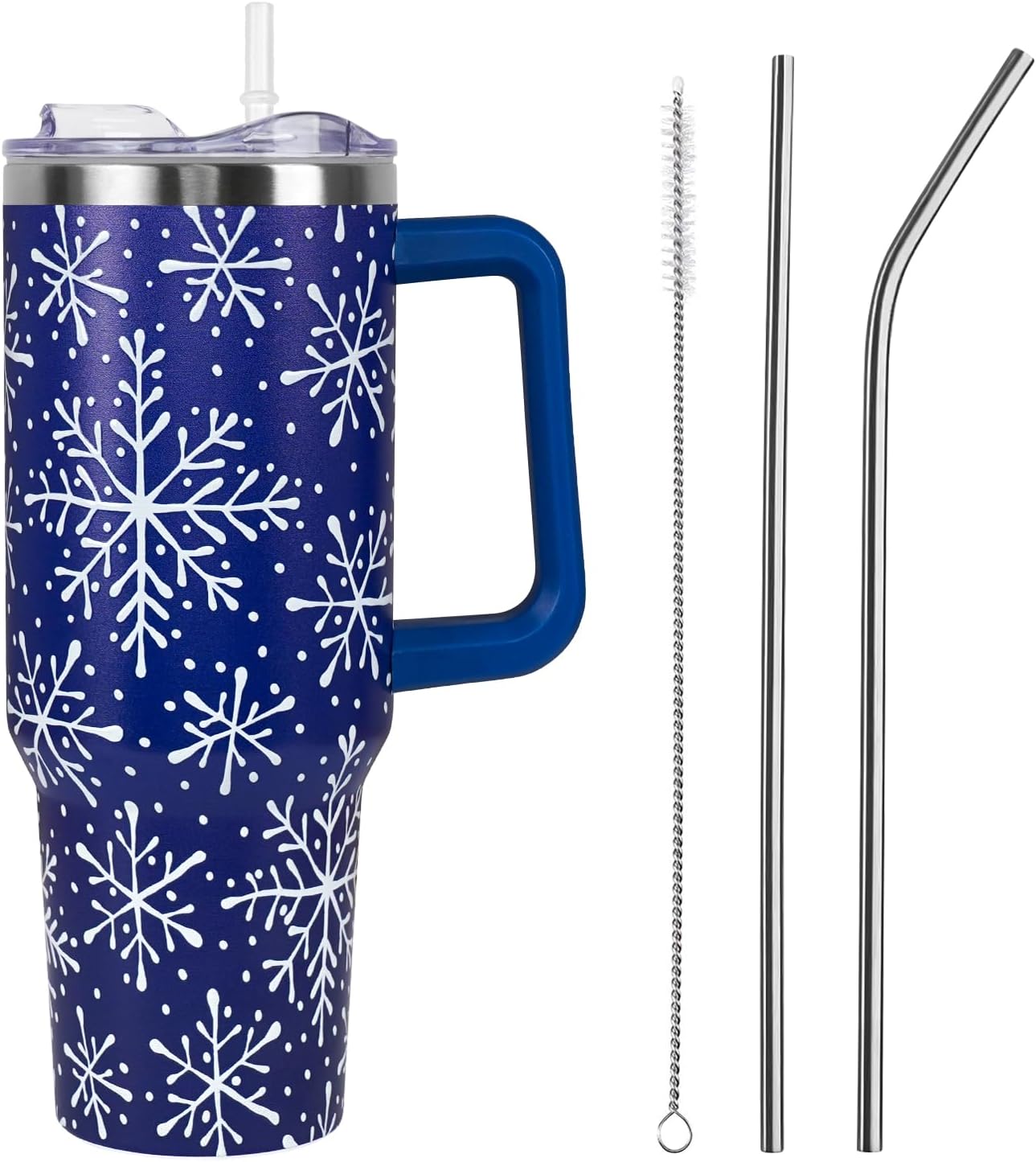 Christmas Tumbler with Handle and Straw Lid 40 oz,5D Cute Christmas Gifts for Women Blue Snowflakes Vacuum Insulated Leak Proof Tumbler,Winter Holiday Accessories Stainless Steel Coffee Cup Mug