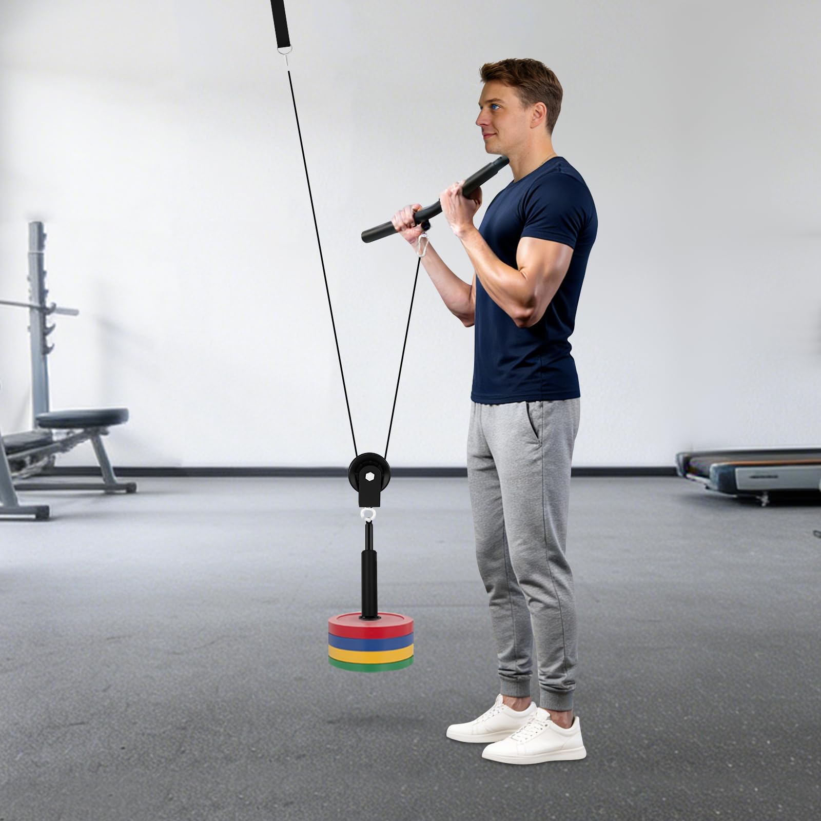 Sistema de poleas, estación de poleas de 120 kg, cable de fitness con barra ajustable, asas antideslizantes, cuerda de acero, ruedas de nailon silenciosas, gimnasio en casa