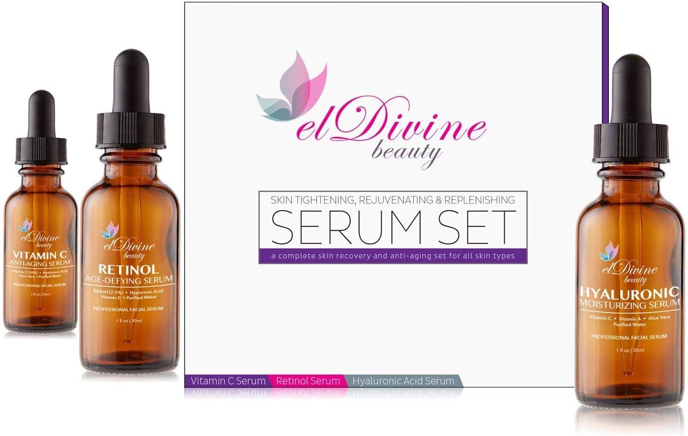Facial Serum Set | RETINOL 2.5%, VITAMIN C 20% and HYALURONIC ACID (1 oz each) | Best Treatment For Wrinkles, Fine Lines, Blemishes, Acne & Scars | Anti-aging Skincare Set