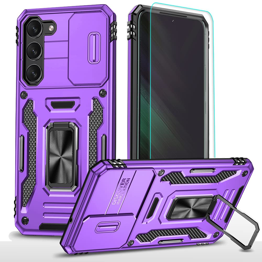 Androgate for Samsung Galaxy S23 Plus Case, with HD Screen Protector, Military-Grade Metal Ring Holder Kickstand 15ft Drop Tested Shockproof Cover Case for Samsung Galaxy S23 Plus Purple