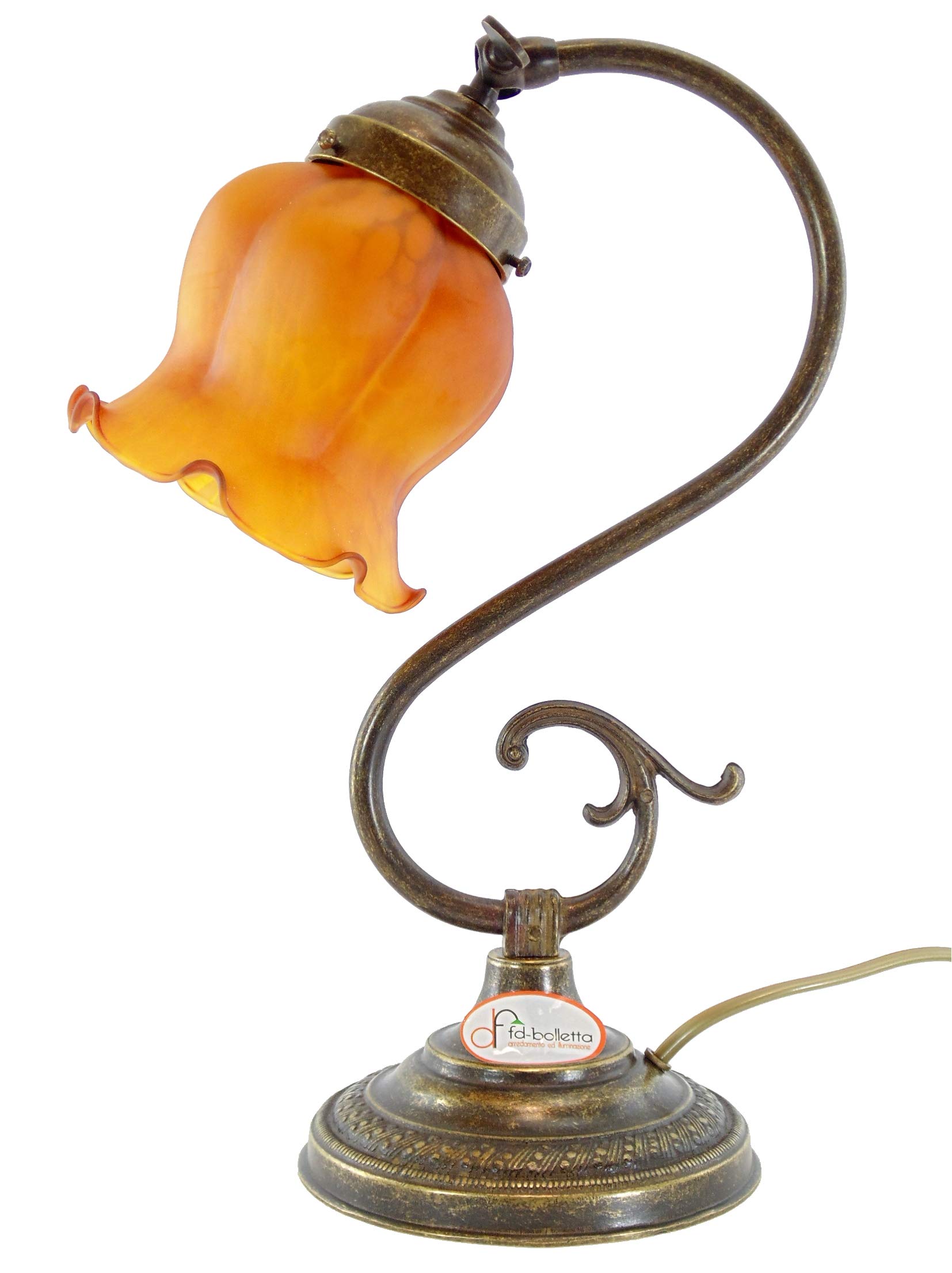 Lampada ottone da comodino,tavolo,scrivania,illuminazione per interni con paralume vetro giallo s31 Misure: H 32cm, Ø paralume 11cm, Ø base 13cm