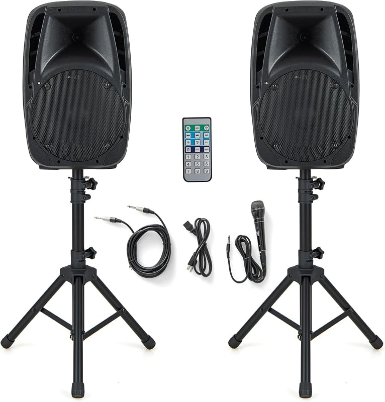Costzon Sistema de parlantes PA portátil de 1600 W de 2 vías, parlantes profesionales para DJ con juego de sonido activo + pasivo, 2 soportes, micrófono, Bluetooth, entrada de tarjeta USB/SD, radio FM, control remoto (2 vías)