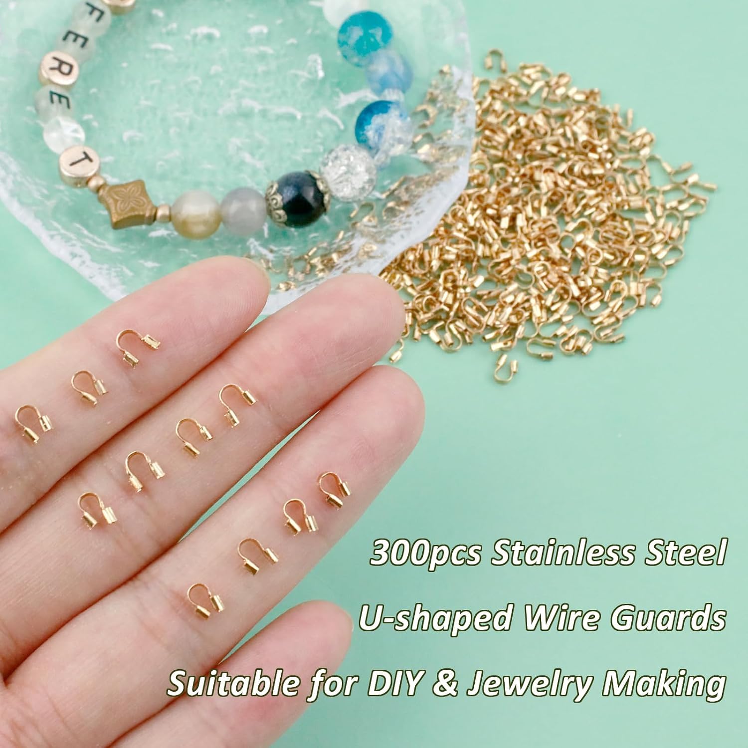300Pcs Wire Guardian Protectors 0.7mm Hole U Shape Wire Guard Loops Thread Protector for Jewelry Making Findings Earring Necklaces Bracelet DIY Supplies (Gold)