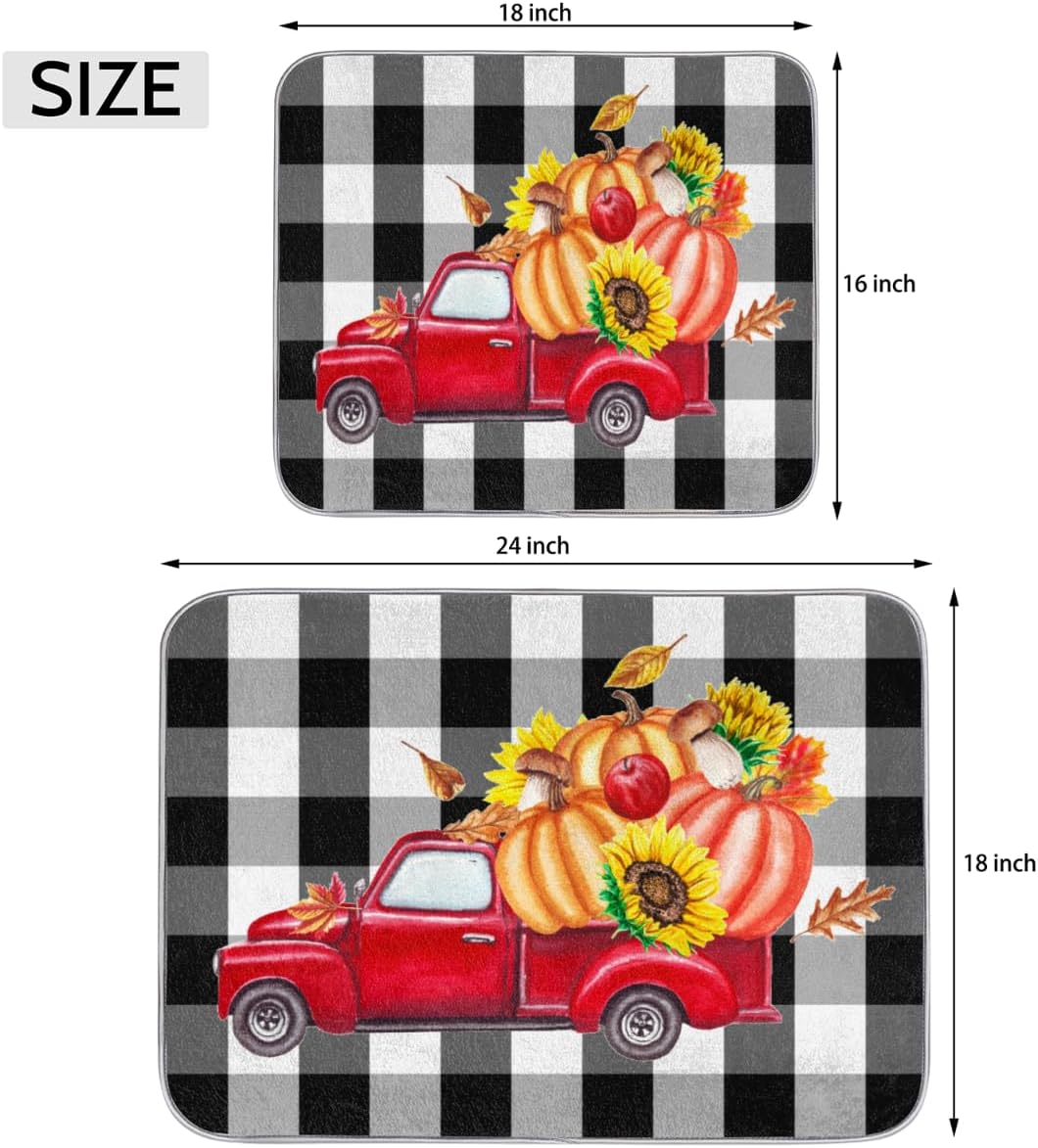 Thanksgiving Dish Drying Mat for Kitchen Counter Autumn Pumpkin Harvest Red Truck Absorbent Drying Pad Countertop Dishes Drainer Mats Washable Coffee Bar Mats 18x24 Inch