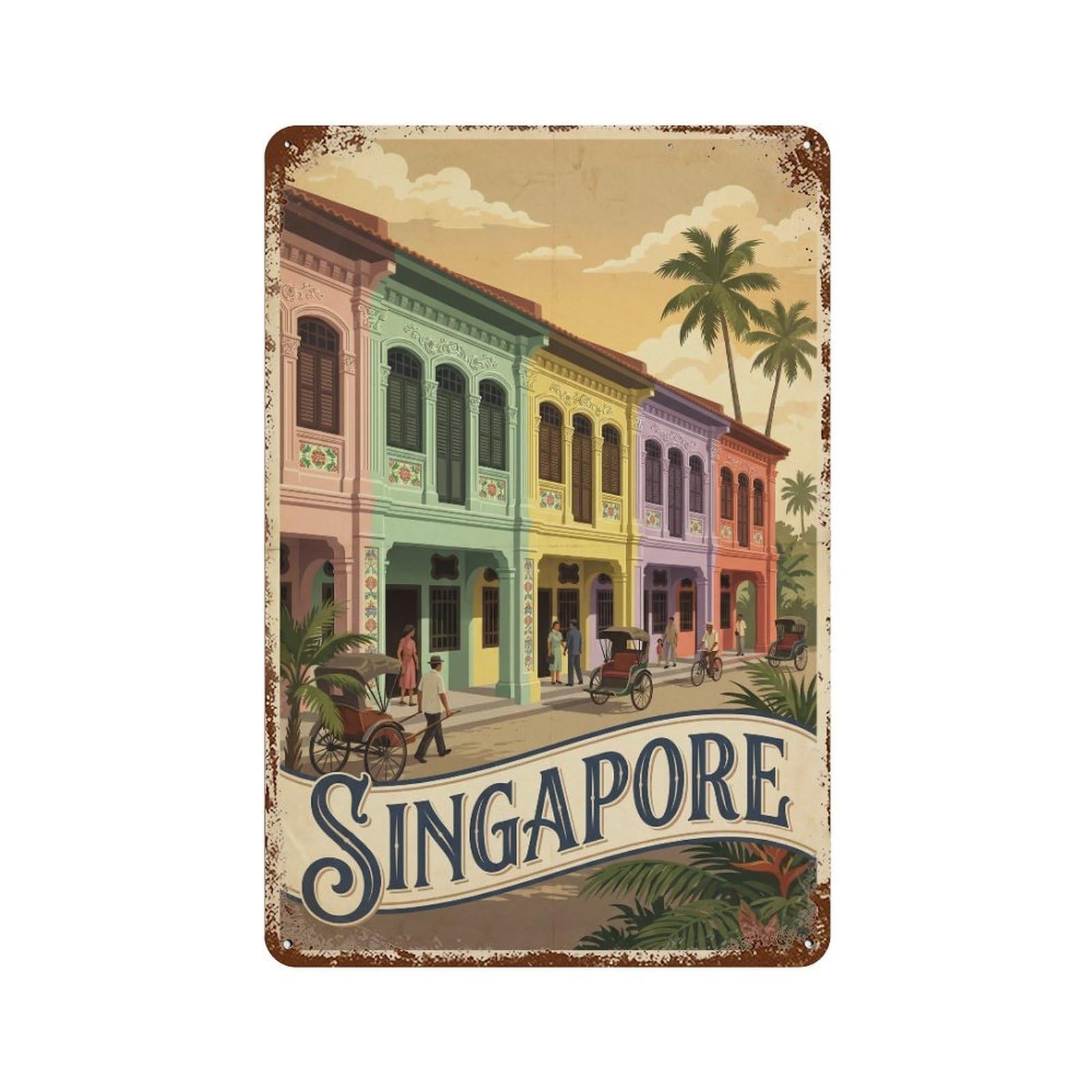 Metal Tin Sign Vintage Travel Singapore Shophouses