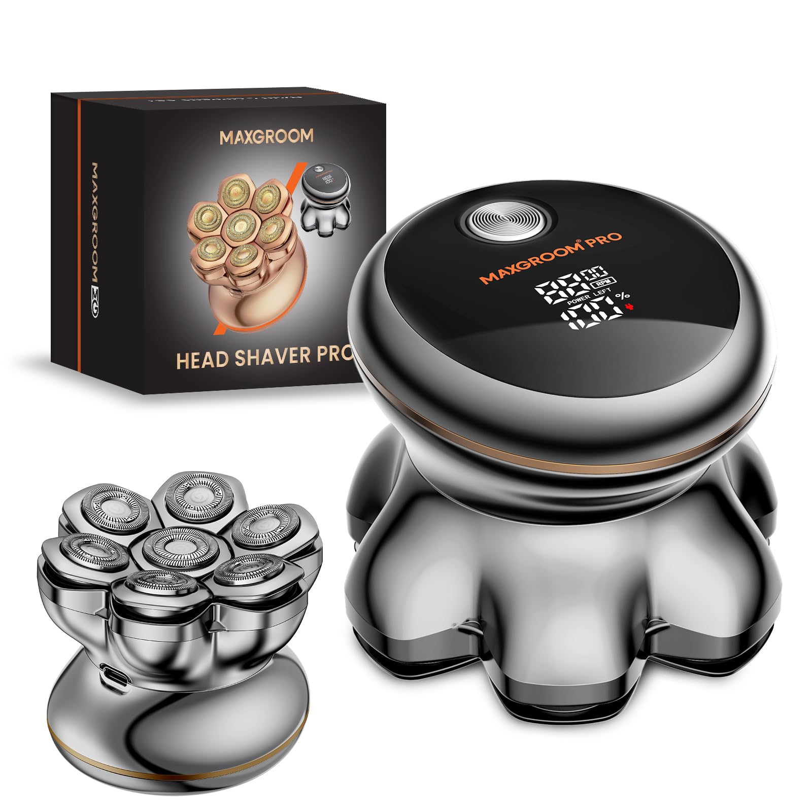 MAXGROOM® PRO 7D Head Shaver for Bald Men, Electric Razor with 7D Flexible Blades, Long Battery Life, IPX6 Waterproof, LED Display, Ergonomic Design, Rechargeable, 2 Speed Settings, Cooling Design, Premium Gifts for Men