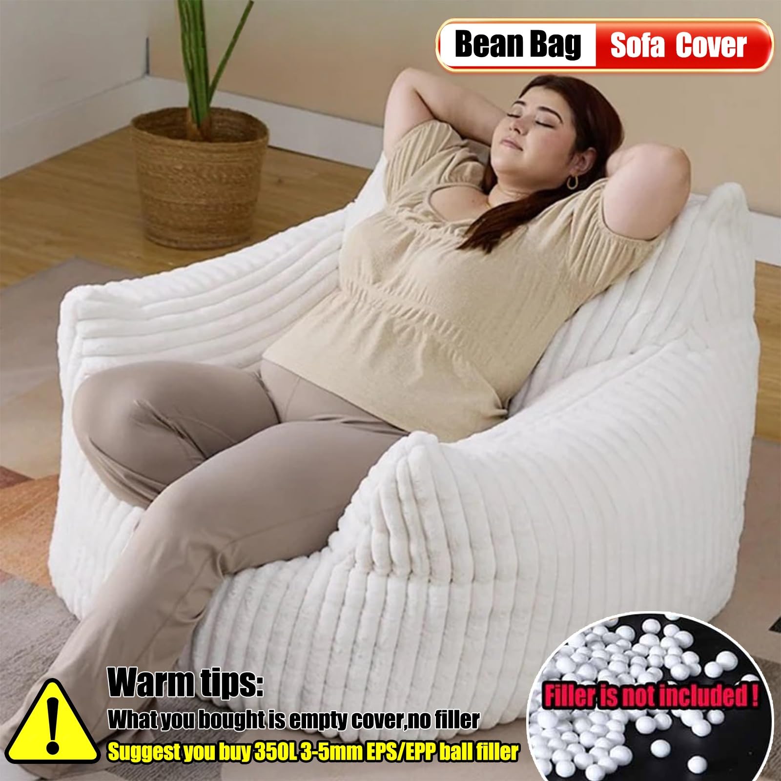 SXBCyan Funda para Sillón Puff de Piel Sintética (Sin Relleno) Lavable Ultra Suave, Sillón Sofá Perezoso para Niños y Adultos, Asiento De Suelo, Muebles De Sala De Estar(1-Seat-White)