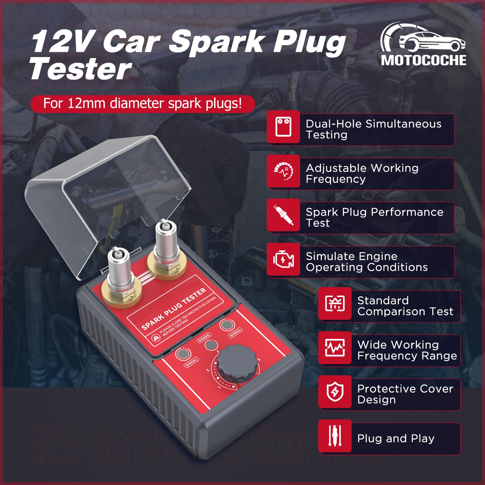 Tester per Candele Auto 220V - MOTOCOCHE Tester di Accensione a Doppio Foro per Veicoli a Benzina a 12V, 0-6000 giri/min Frequenza Regolabile Rilevatore di Candele di Accensione per Candele da 12 mm