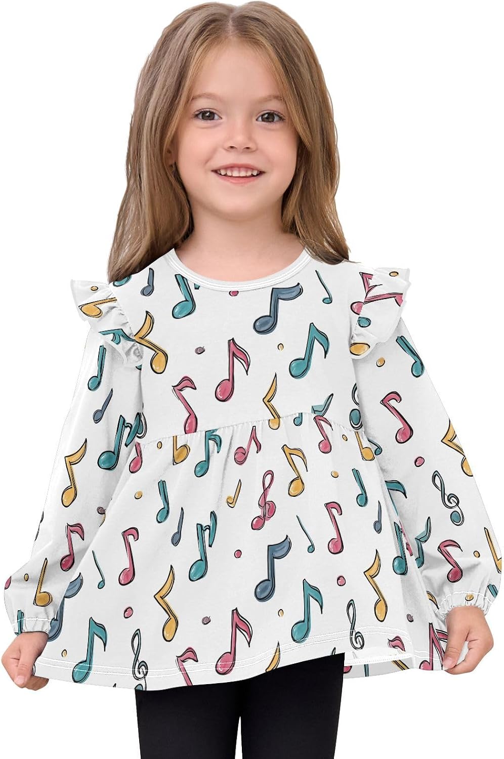 visesunny Toddler Clothes for Girls Musical Symbol Simple Long Sleeve Fall Shirts Cotton Top with Ruffle Collar