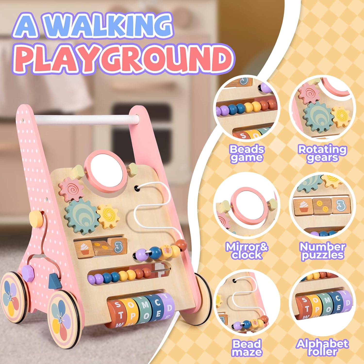 Wooden Baby Walker, Push Walker for Baby Girl 10-12 Months, Montessori Walker Push Toy for Toddlers Learning to Walk