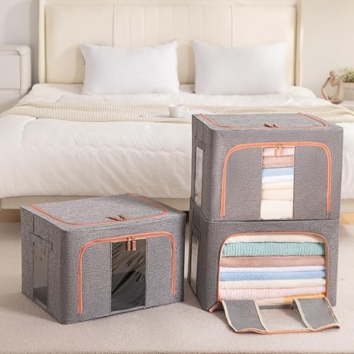 Miniatura 6 de Paquete de 3 contenedores apilables de almacenamiento de ropa de 66L con asas de marco de metal y cremallera, caja organizadora plegable con tapa