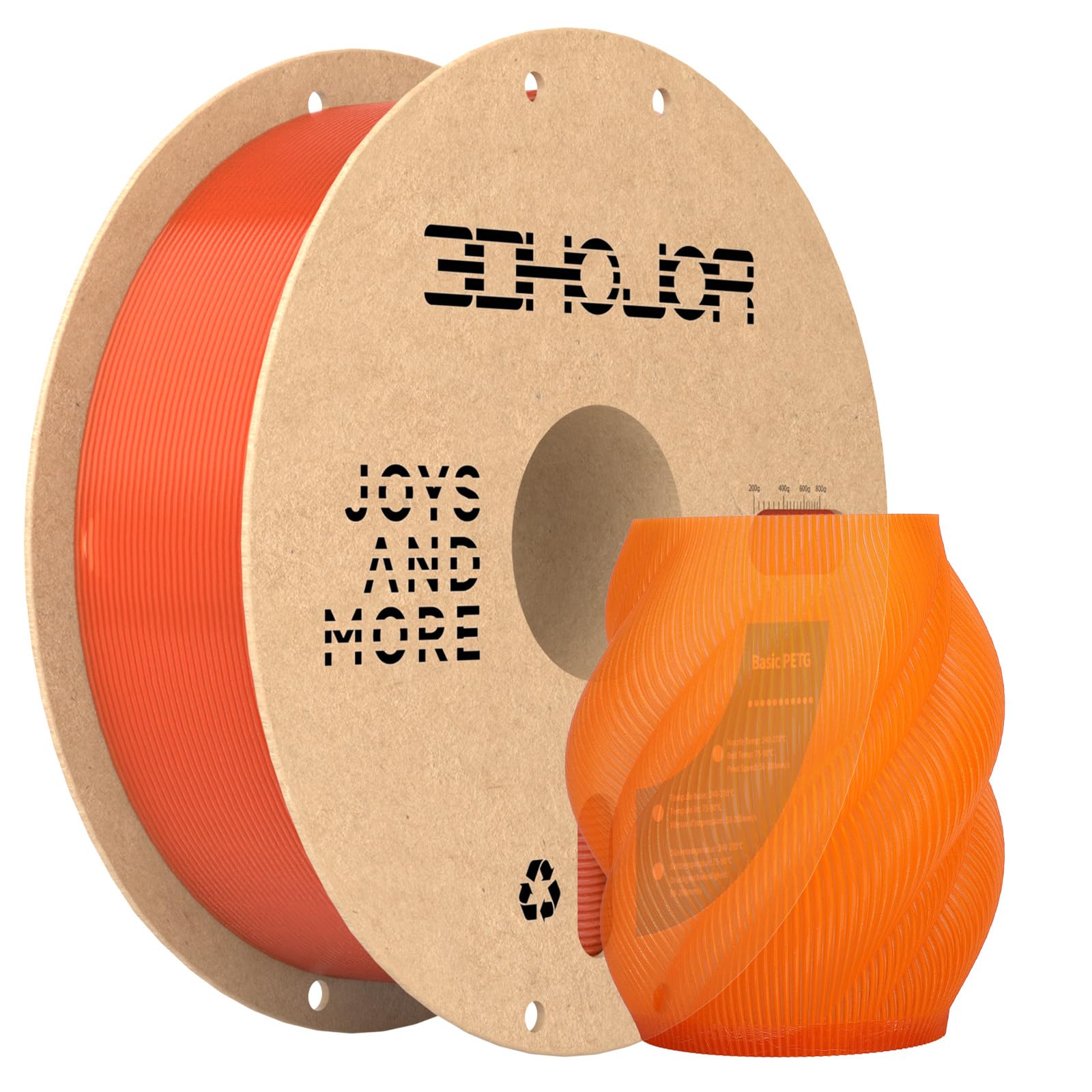 3DHoJor Update Basic PETG Filament 1.75mm, PETG 3D Printer Filament, 2.2 LBS (1KG) Cardboard Spool, Fit Most FDM 3D Printer, Translucent Orange
