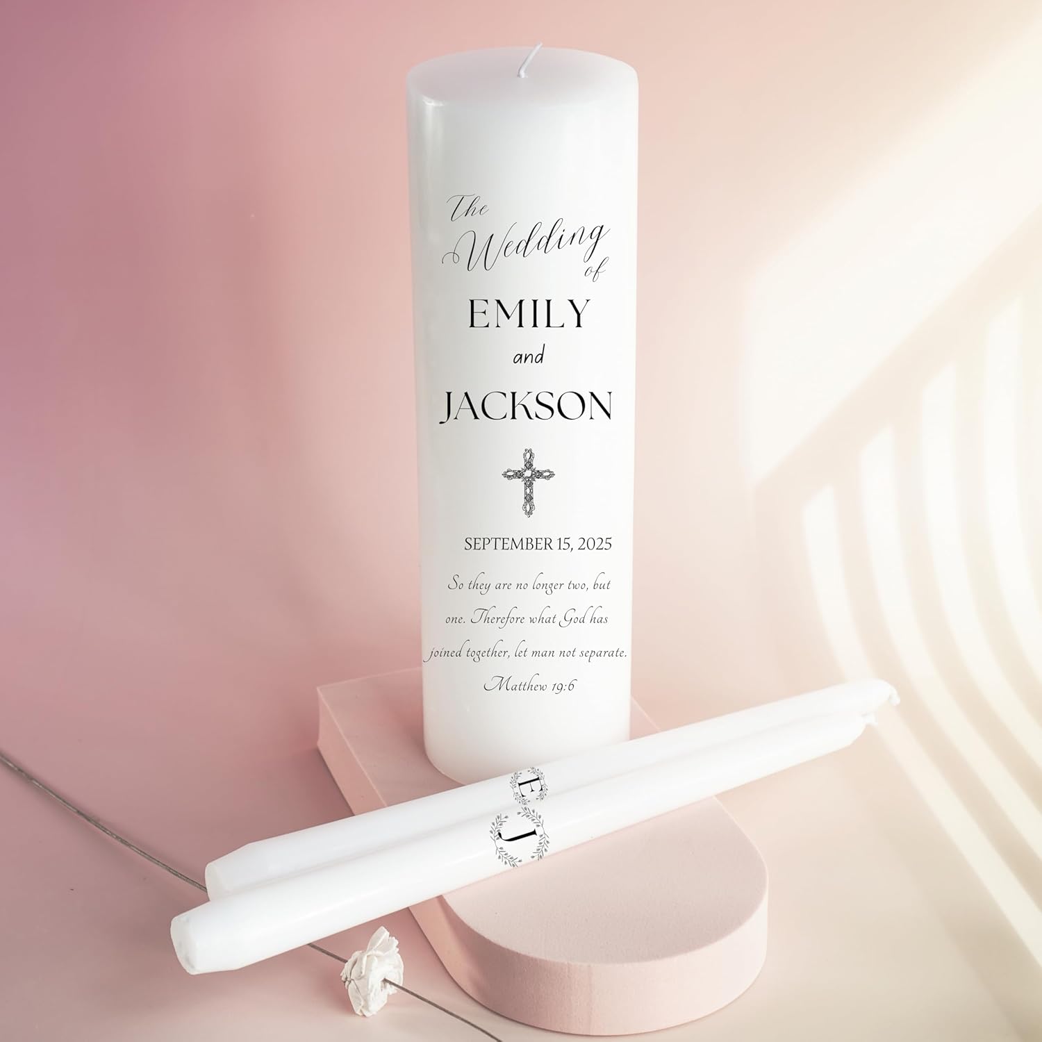 Unity Candles for Wedding, Modern Unity Set, Custom and Personalized Pillar and Taper Candles with Bible Quote, Unscented White Premium Wax, Religious and Wedding Ceremony, Special Events