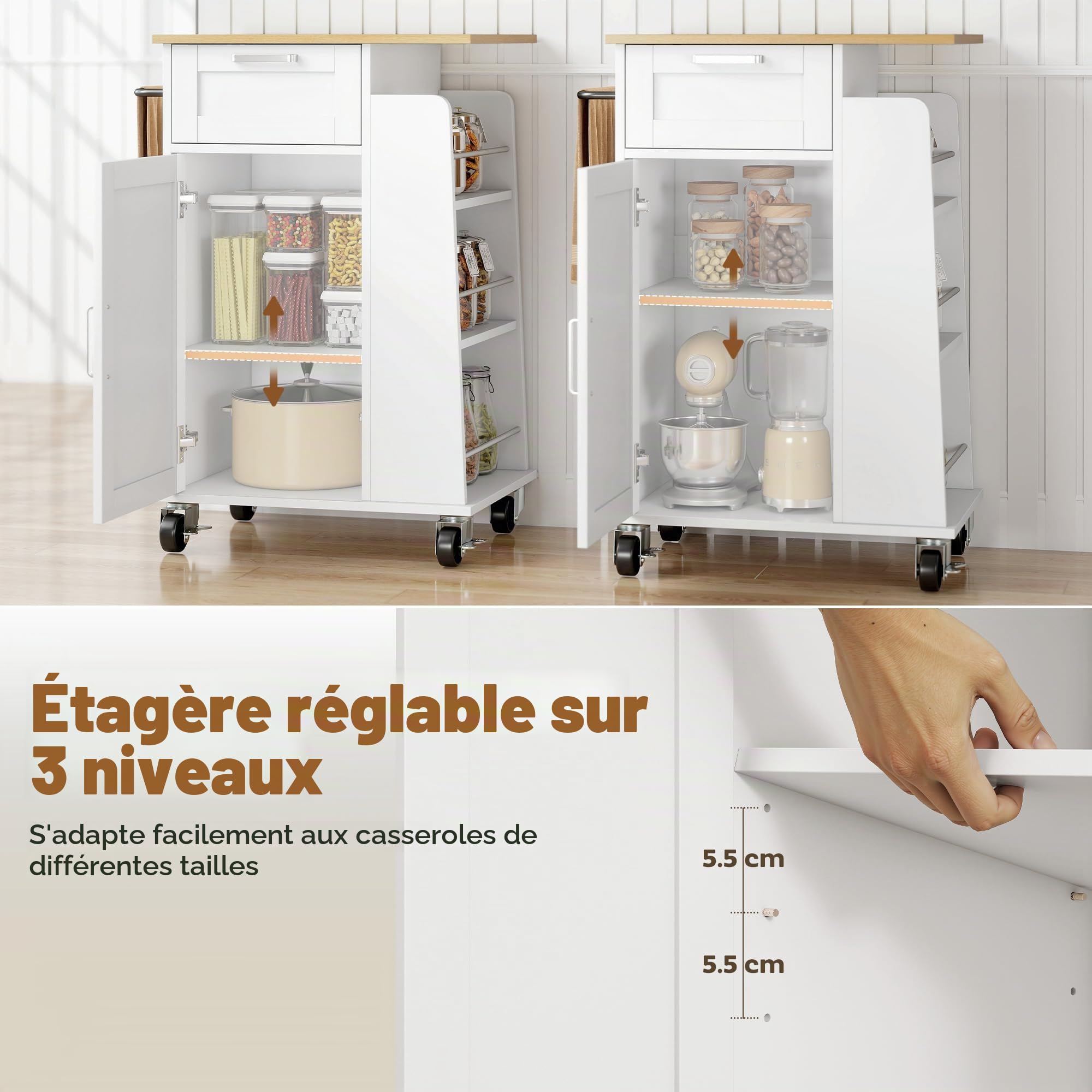 HOMCOM Chariot Cuisine Roulant, Portes Soft-Close, 62x40x87 cm, Blanc