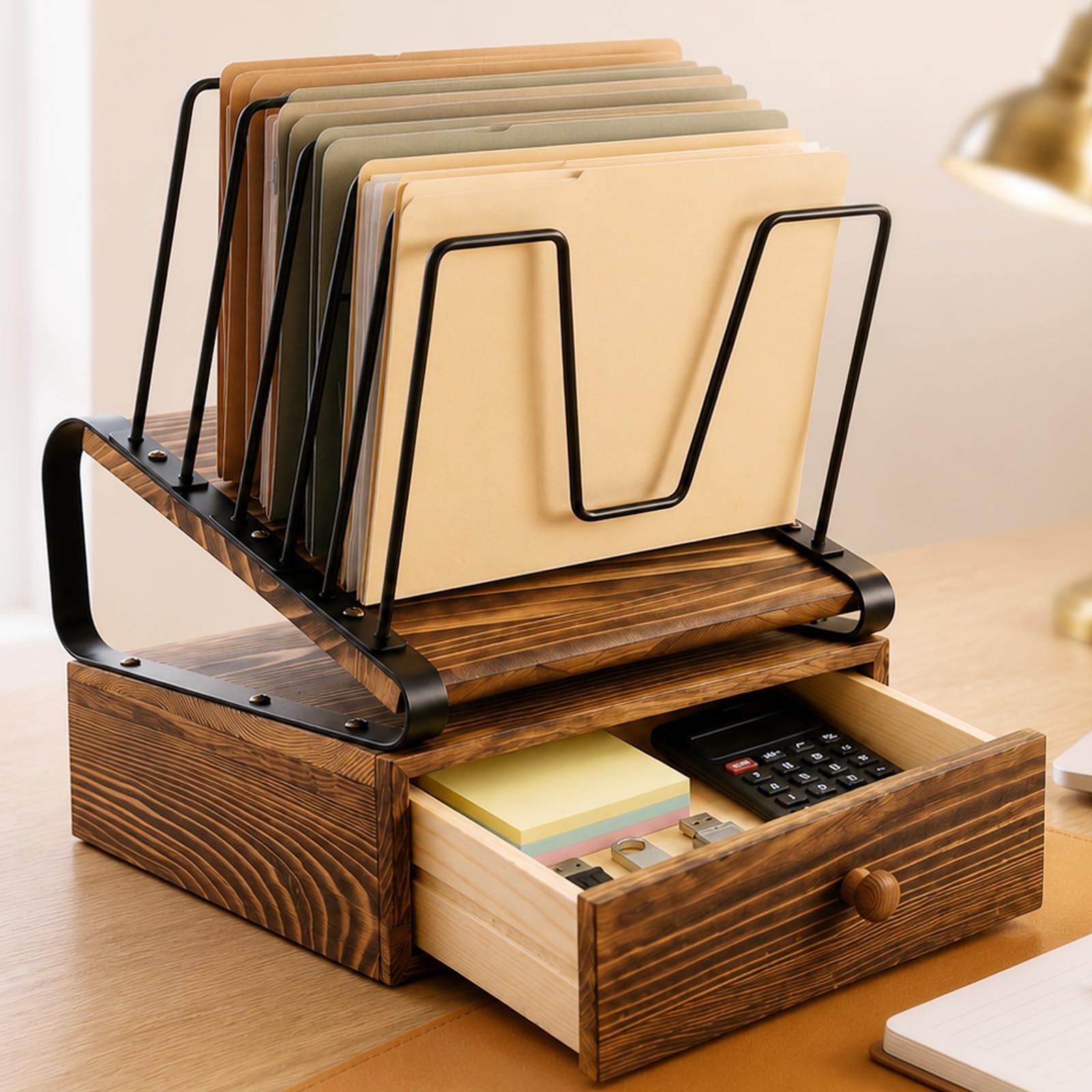 Büro Dokumentenablage Holz, Briefablage A4, Schreibtisch Organizer Holz | 5 Ebenen, Desk, Schublade, Stehsammler Papierablage für Home Office Regal, Schule und Aktenordnung
