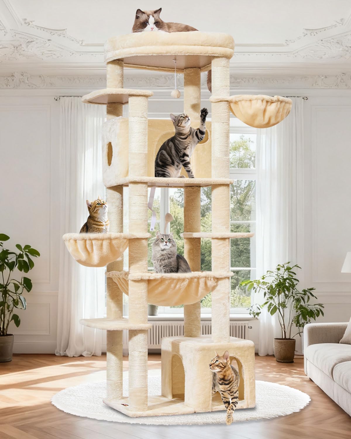 Taoqimiao Cat Tree XXL, 183cm Large Cat Tree for Big Cats Sturdy Cat Towers for Indoor Cats with 7 Sisal Scratching Posts, 2 Cat Condos, Spacious Platform, 2 Hanging Baskets, Metal Hammock, F20M Beige