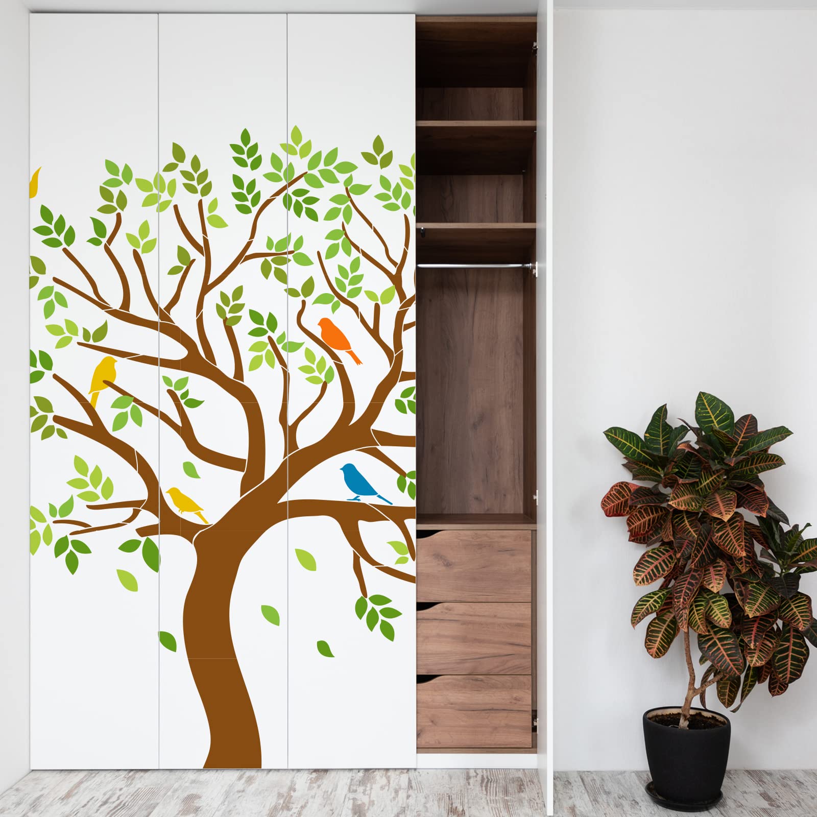 FINGERINSPIRE 18 pz Albero Stencil per Pittura 30x30 cm Riutilizzabile Albero Genealogico Modello Disegno 150x120 cm/59x47 pollici Albero e Uccelli Stencil per Parete per Paing su Legno, Pavimento