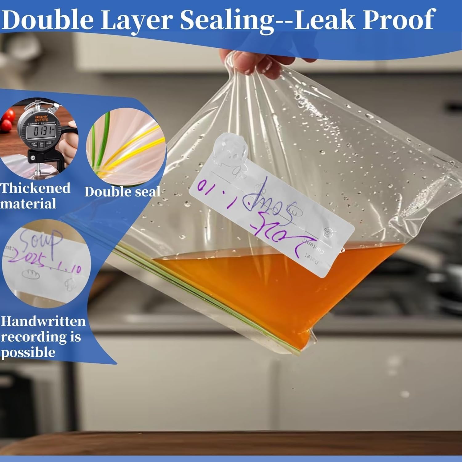 70 Sacchetti Per Congelatore Con Chiusura Lampo – 3 Misure, Riutilizzabili, Con Supporto, Senza BPA, Per Alimenti - 3