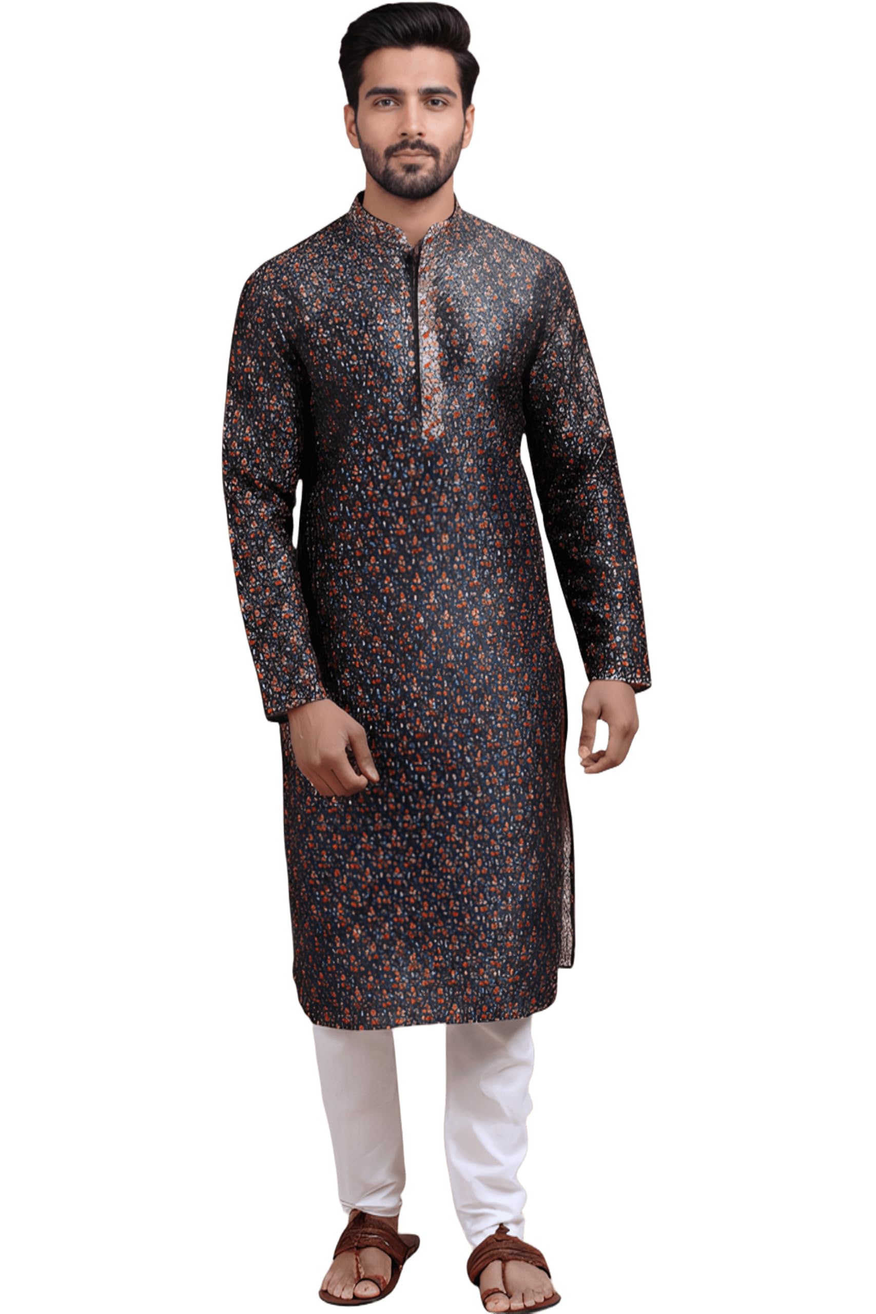 Men Black Printed Kurta Set with Embroidered Placket & Mandarin Collar-image-26