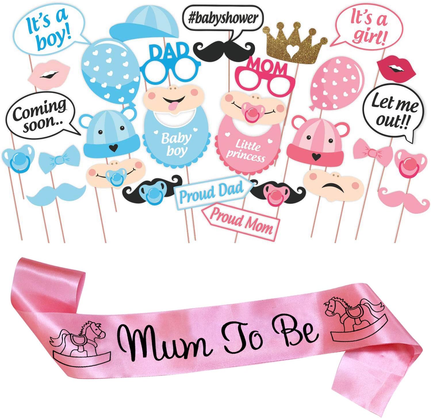 Baby Shower Combo of Photo Booth Party Props and Sash - Combo ES by Indian Collectible