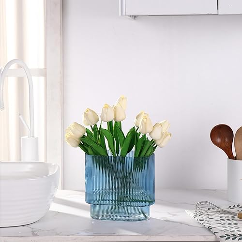 Miniatura 4 de YANWE1 Jarrón de vidrio azul, florero de vidrio acanalado, florero de vidrio estriado para flores, florero moderno, jarrón grande de vidrio para