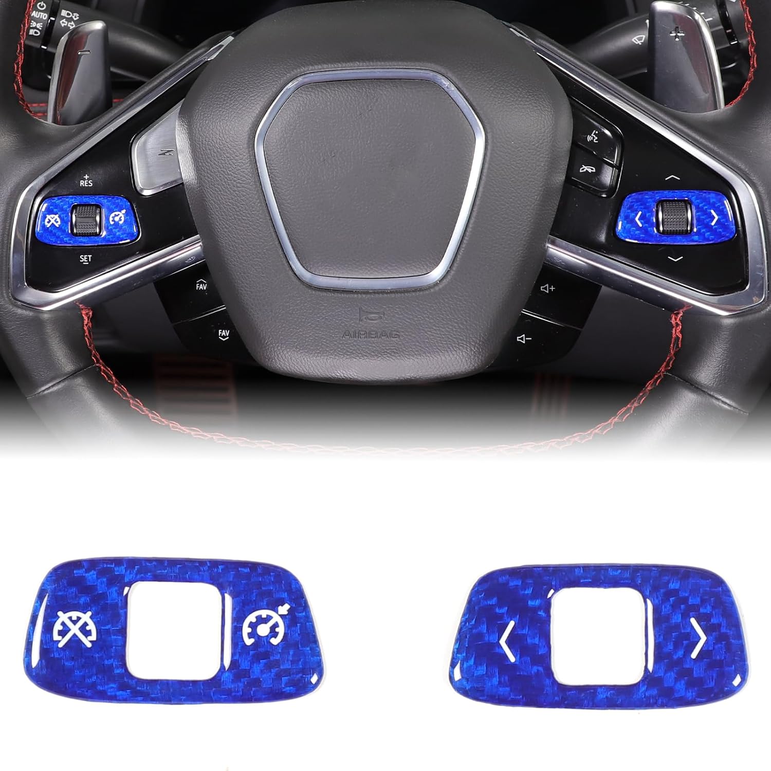 Center Console Steering Button Cover Sticker Hard Carbon Fiber for Corvette C8 2020-2024 Protection Frame Molding Sticker Trim Interior Decal C8 Corvette Accessories (Blue)