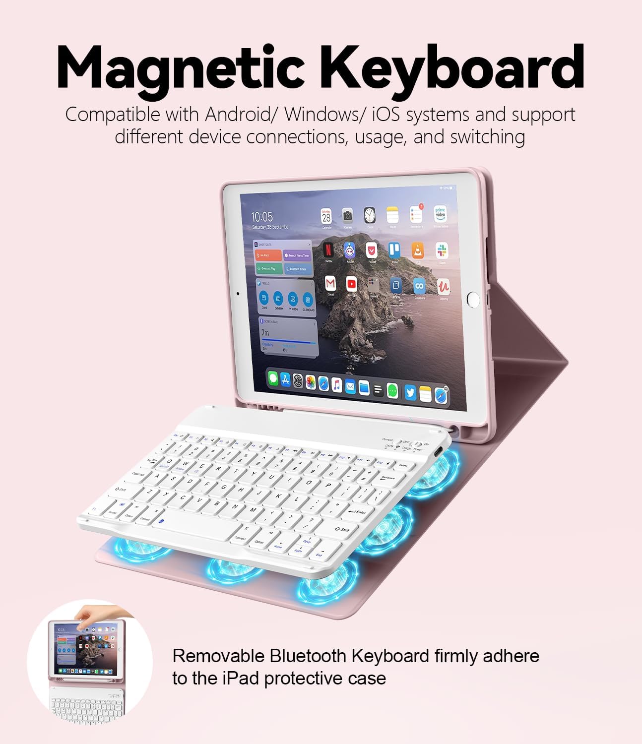for iPad 9th 8th 7th Generation Case with Keyboard 10.2 Inch, Detachable Wireless Folio Keyboard Cover with Pencil Holder, iPad 10.2 Inch 2021/2020/2019 Model, Pink