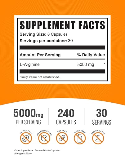 Miniatura 2 de BulkSupplements.com L-Arginine 5000mg Capsules - Arginine Supplement, Nitric Oxide Supplement, L-Arginine Capsules - Gluten Free, 8 Capsules per