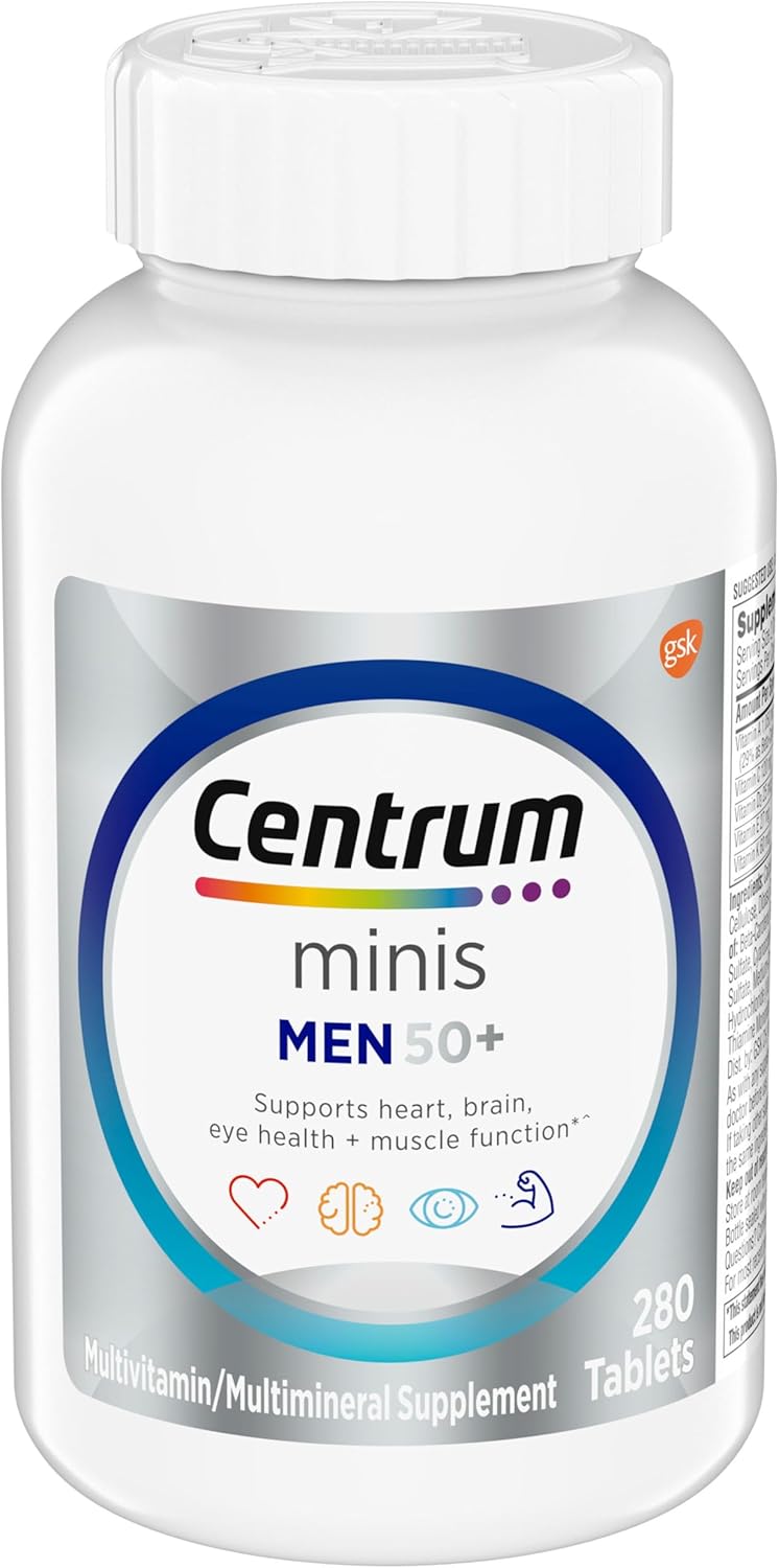 Centrum Minis Silver Multivitamin for Men 50 Plus, Multivitamin/Multimineral Supplement, Vitamin D3, B-Vitamins and Zinc, Non-GMO Ingredients, Supports Memory and Cognition in Older Adults – 280 Ct