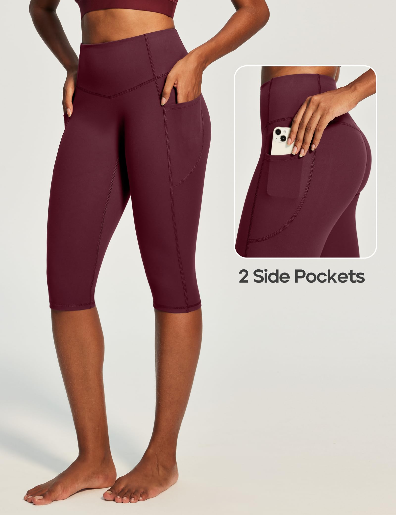 Heathyoga Capri Leggings with Pockets for Women Tummy Control Knee Length Leggings Yoga Pants Women Capri Pants Workout: Wine Small