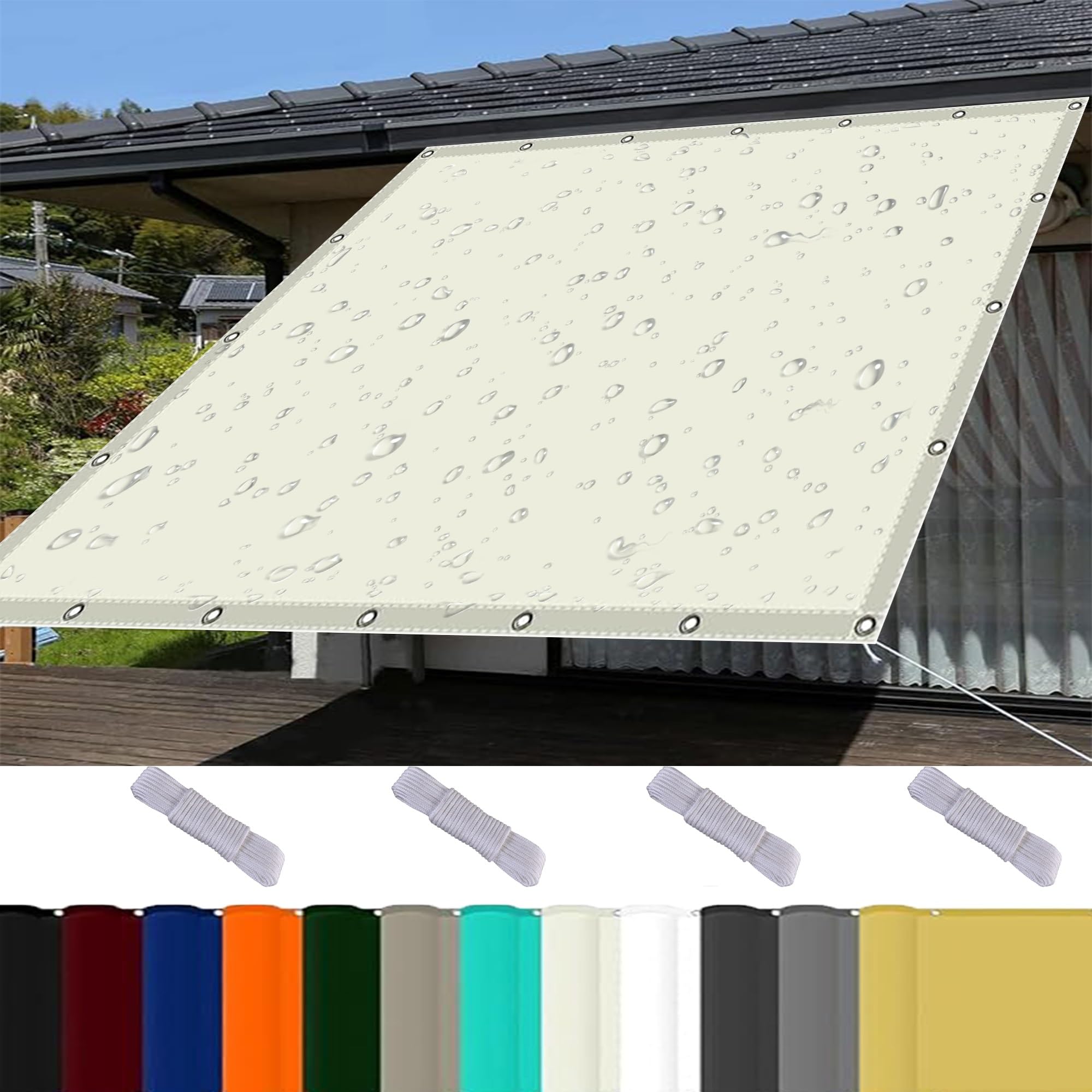 Voile d'ombrage pour balcon 4x5m blanc cassé en tissu polyester avec oeillets