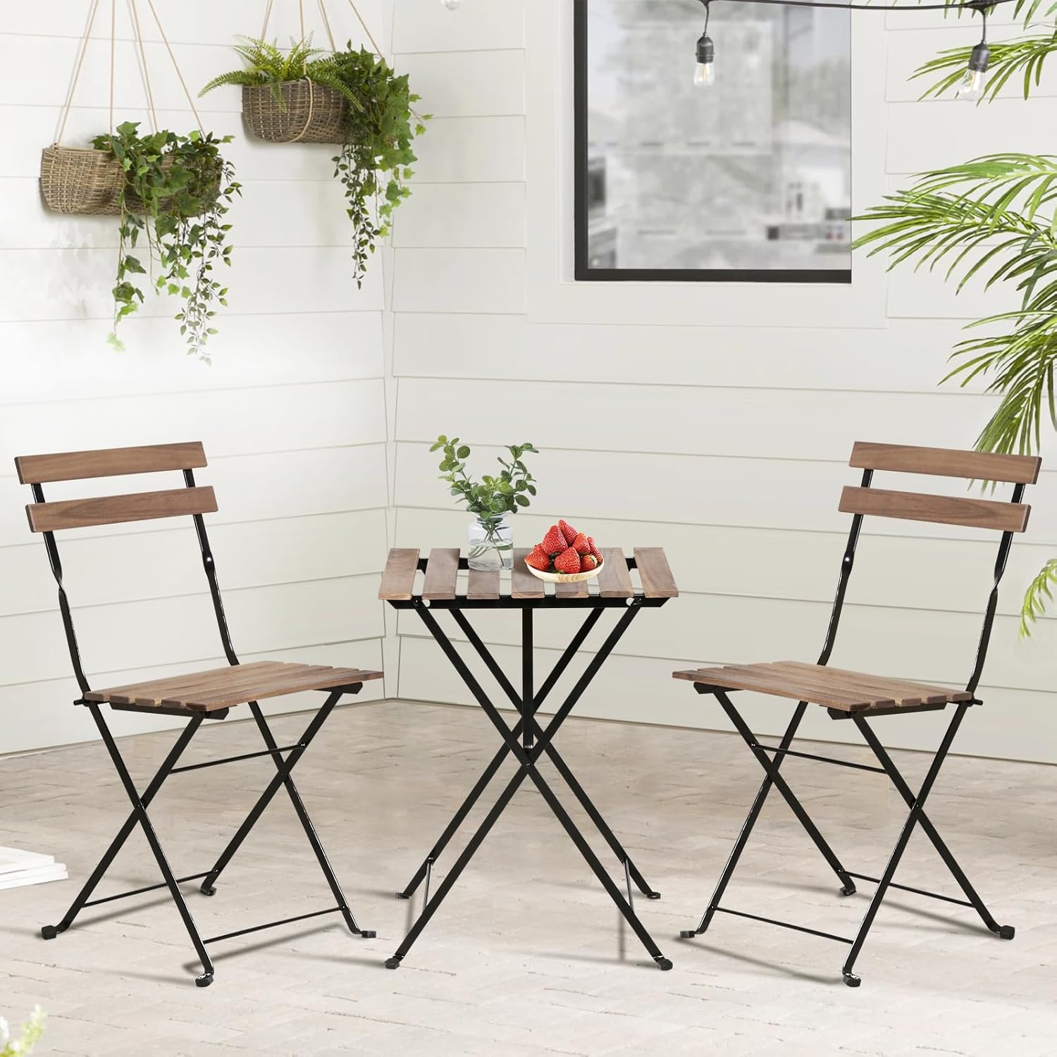 Dkelincs 3-Piece Patio Bistro Set Outdoor Furniture Sets Folding Bistro Table and Chairs Set of 2 Weather-Resistant Wood Small Table and Chairs for Front Porch, Garden, Pool, Deck, Backyard, Nature