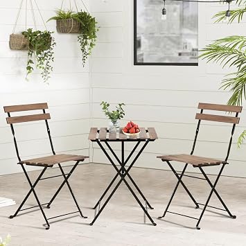 3-Piece Patio Bistro Set Outdoor Furniture Sets Folding Bistro Table and Chairs Set of 2 Weather-Resistant Wood Small Table and Chairs for Front Porch, Garden, Pool, Deck, Backyard, Chestnut Brown