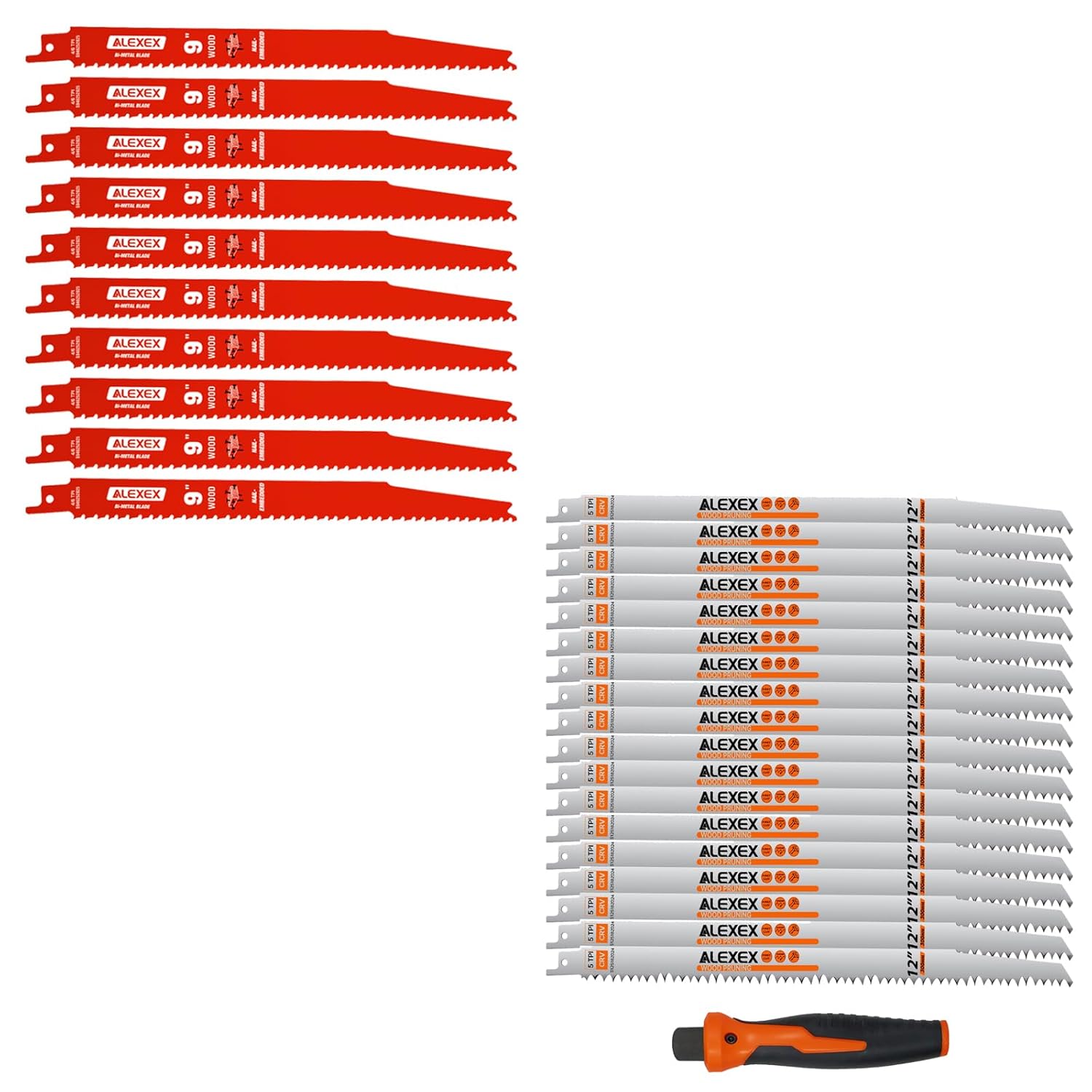 10 Pack 9 Inch 4/6 TPI Reciprocating Saw Blades for Nail-Embedded Wood Cutting + 18 Pack 12 Inch 5 Tpi Wood Pruning Reciprocating Saw Blades
