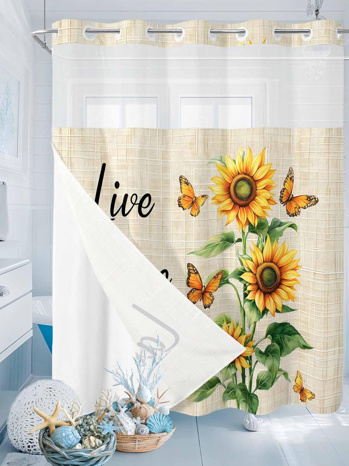 Savannan No Hook Shower Curtain with Snap in Liner, Sunflower Butterfly Summer Waterproof Fabric Bathroom Curtain Mesh Top Window Washable Vintage Farm Flower 72" x 72"