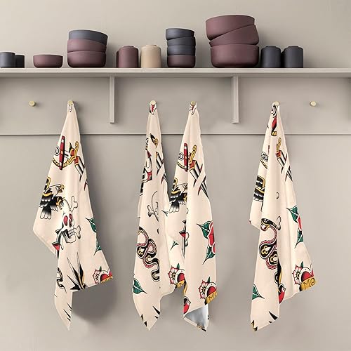 Miniatura 5 de FUGIDOG Juego de 4 paños de cocina de diseño de tatuajes de la vieja escuela, ultra suaves, absorbentes, toallas de cocina, toallas de mano, paños