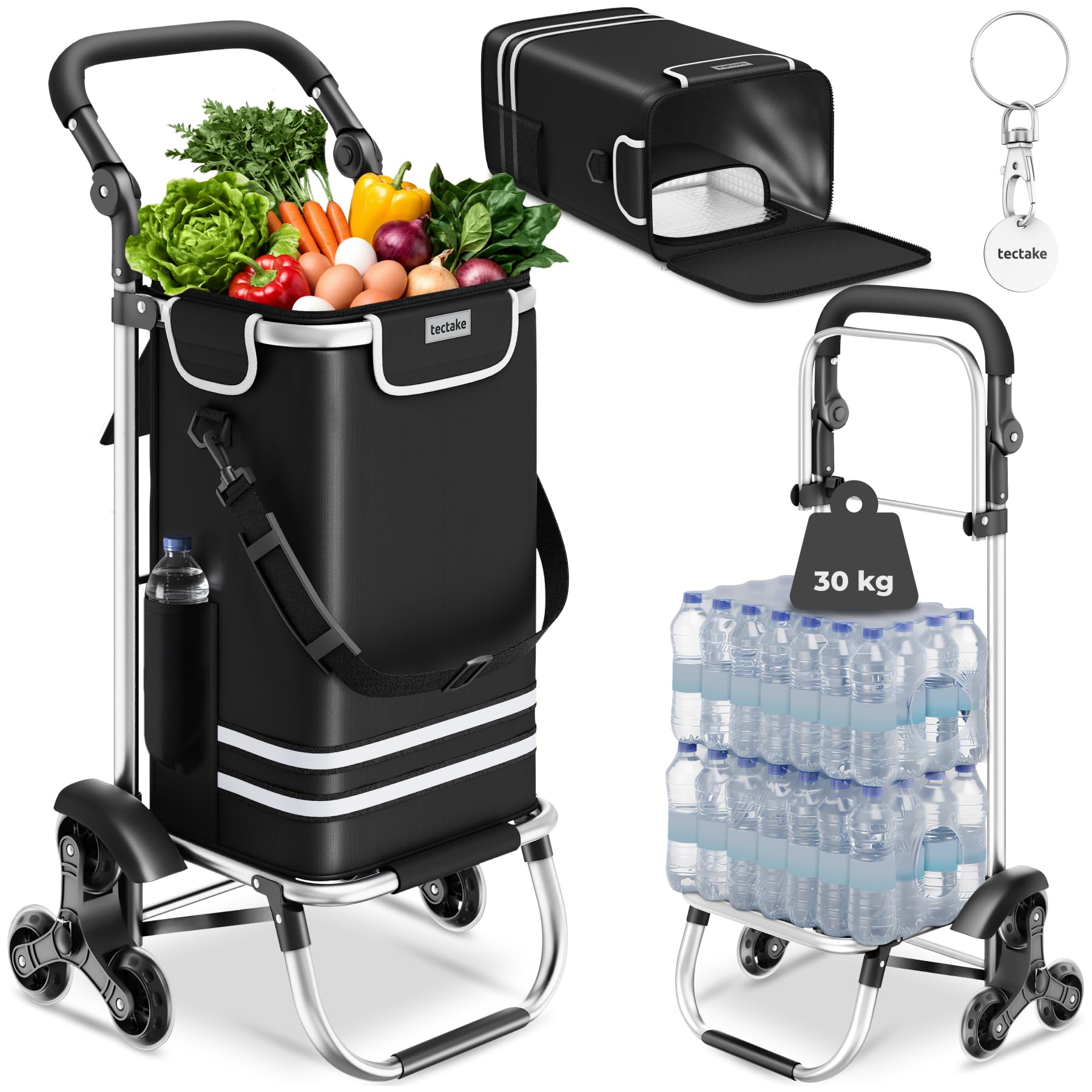 tectake® Carro de la Compra Plegable con Bolsa Termica, Carrito Compra 3 en 1 con 6 Ruedas, Capacidad 56L, Carro Plegable con Ruedas de Estrella para Supermercado y Viajes - Negro