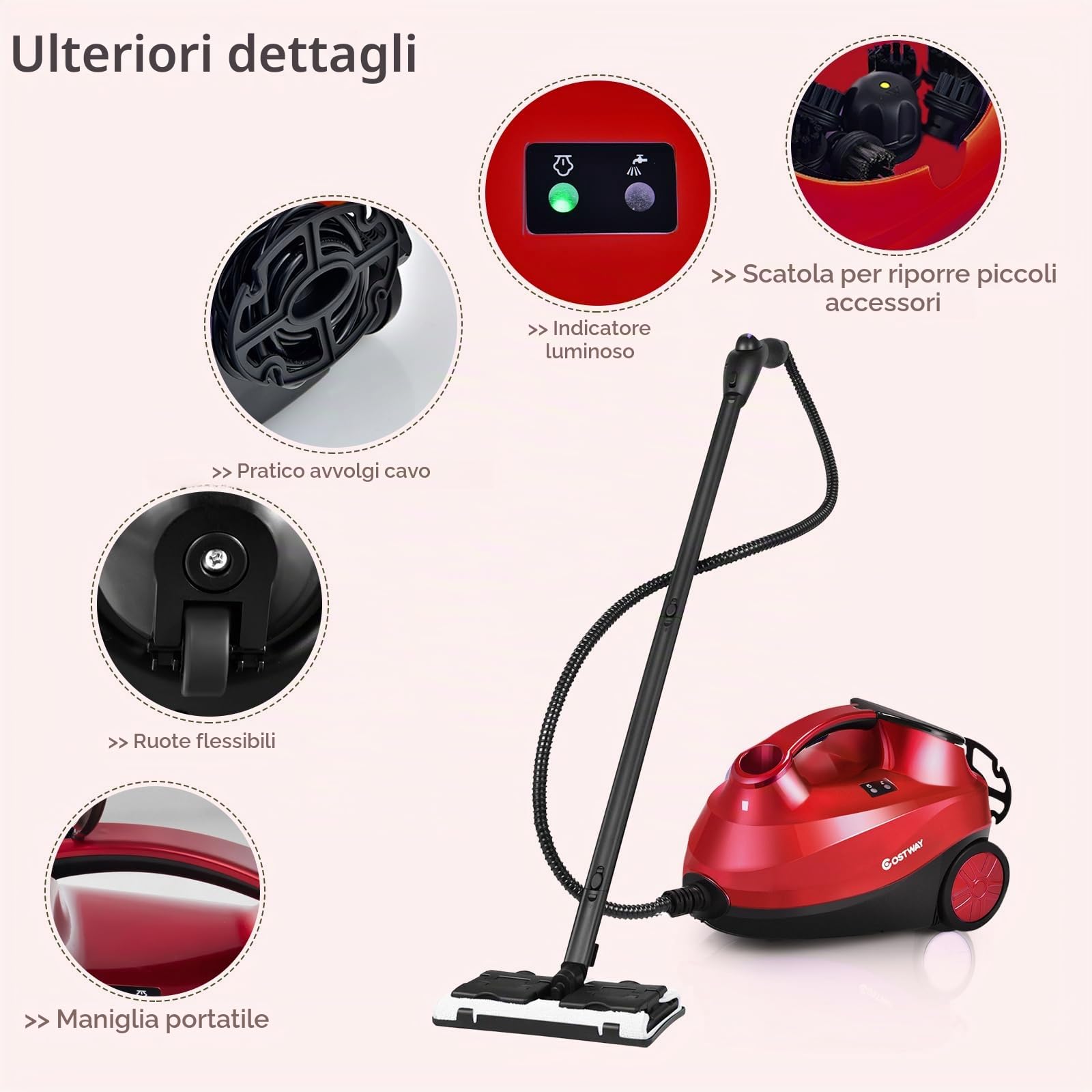 SOARS Pulitore a Vapore Portatile 2000W, Pressione del Vapore: 4 Bar, Massimo 108℃, Preriscaldamento: 5-6 Min, Serbatoio dell'Acqua: 1,5L, con 19 Accessori, per Divano, Pavimento, Finestra (Rosso)