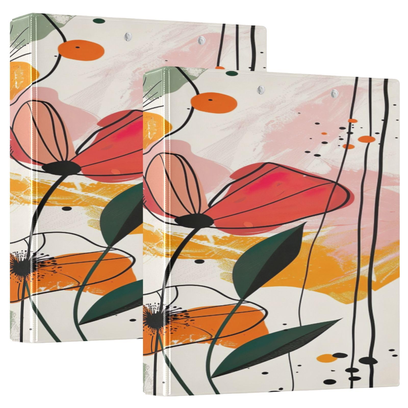 Raccoglitore a 3 anelli, 3,8 cm, motivo floreale astratto, decorativo, rotondo, con clip in metallo, formato lettera, per casa e ufficio, confezione da 2