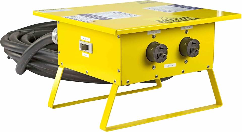Portable Spider Box - 480V Delta Input - (2) 30A Receptacles - Steel/Safety Yellow - 30' #4/4 AWG Type SOOW Input Cord