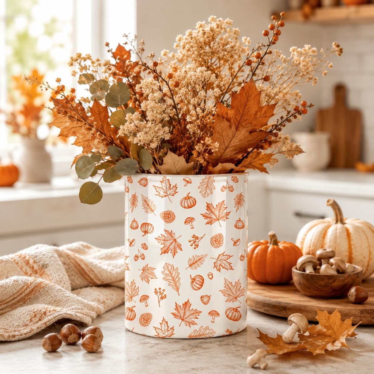 Fall Pumpkin Utensil Holder, Fall Leaves Ceramic Kitchen Utensil Holder, 6"