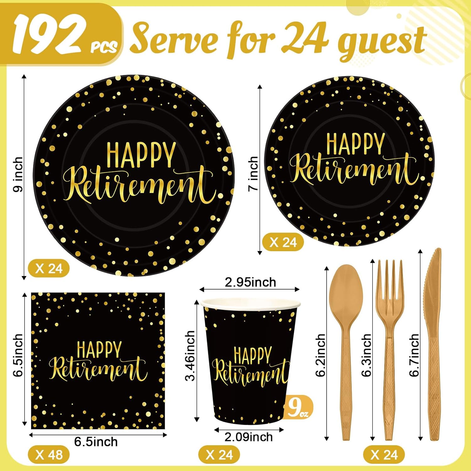 Pickmesh 192 Pcs Retirement Party Decorations Happy Retirement Paper Plates and Napkins Set with Cups and Knife Fork Spoon, Farewell Party Disposable Tableware for Guest (Gold Black)
