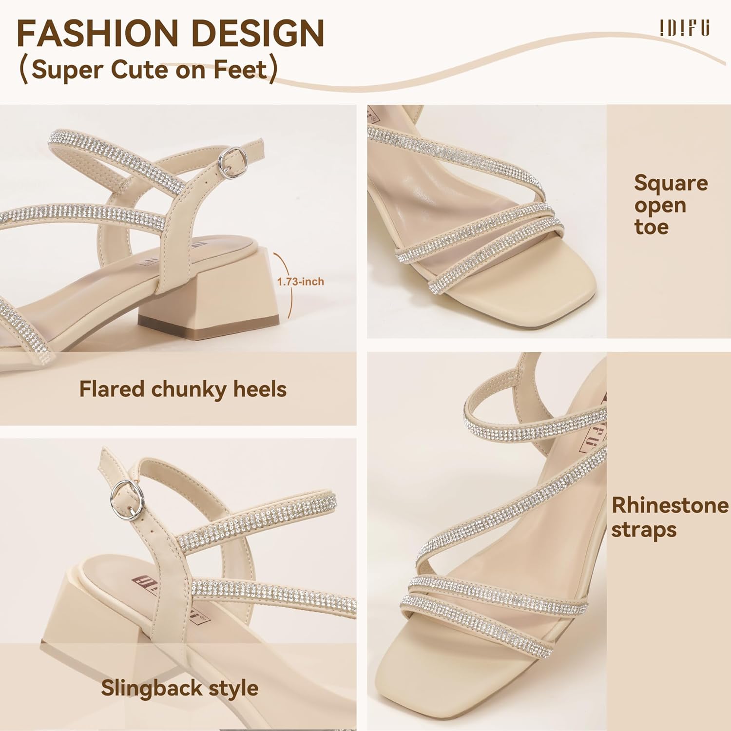IDIFU IN2 Rhinestone Low Heels for Women Sparkly Dressy Block Short Strappy Square Open Toe Chunky Heeled Sandals Prom Wedding Bride Party Dress Shoes Comfortable Bling Thick Heels - Image 4