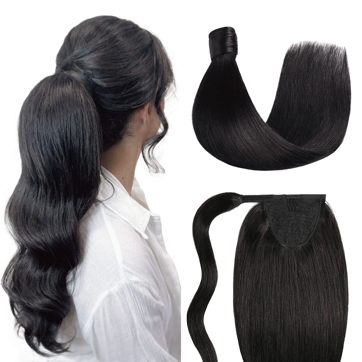 SUYYA Ponytail Human Hair Wrap Around Clip in Hair Piece Ponytail Extension Human Hair Straight Human Hair Ponytail Extensions with Magic Paste 70G 14 Inch #1B Natural Black 14 Inch #1B Natural Black_Ponytail