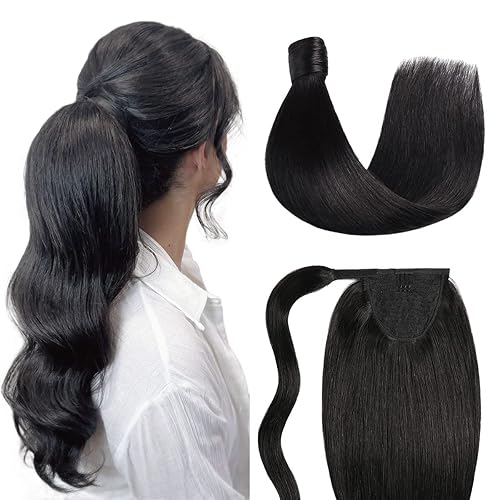 SUYYA Cola de caballo de cabello humano envolvente con clip, extensión de cola de caballo de cabello humano lacio, extensiones de cola de caballo